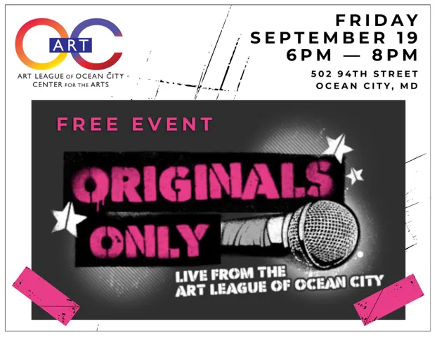 Originals Only at the Art League of Ocean City, a free evening of original music, writing, comedy, poetry, and creative performances.